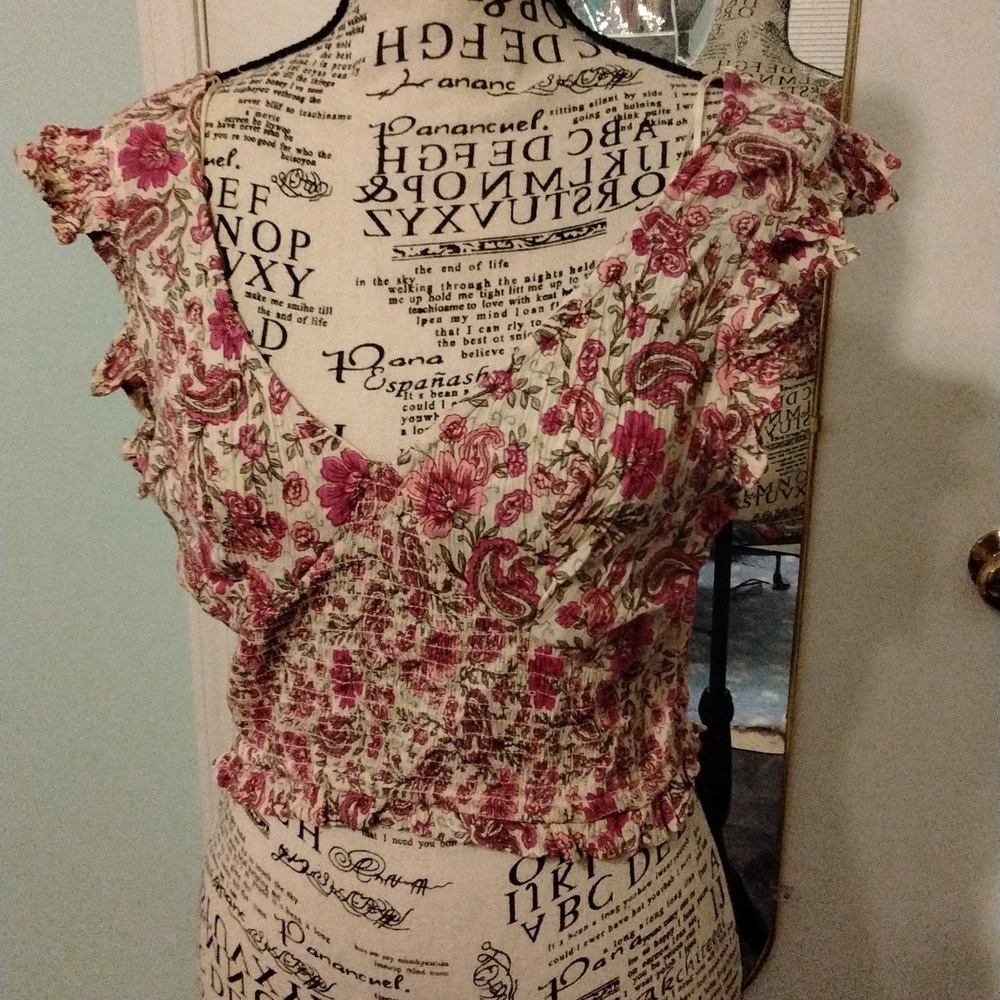 Women's pink paisley cropped flutter sleeve top EUC by Patrons of Peace Small